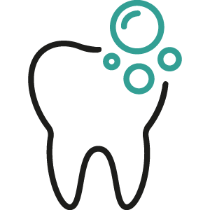Icon eines Zahns mit Blasen rechts oben