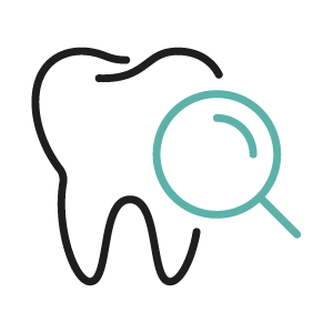 Icon eines Zahns mit einer Lupe